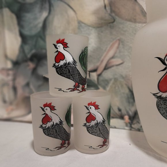 Vintage Hazel Atlas Frosted Glass Rooster Pitcher Set 🐓🍹 - Picture 8 of 11